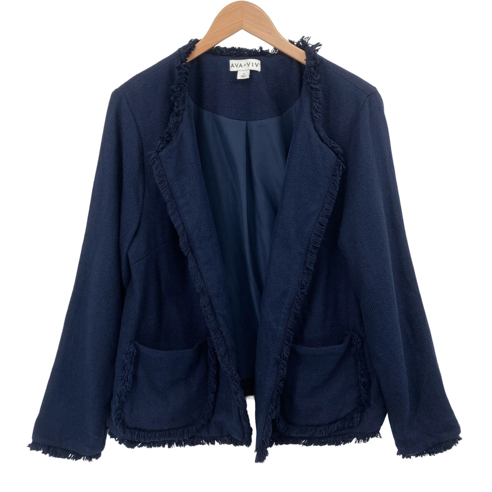 Ava & Viv Navy Blue Frayed Edge Open Front Blazer Jacket Pockets Plus Size X 14W
